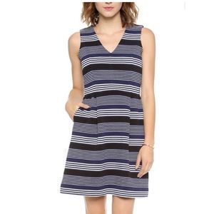 Madewell Ponte V-neck Blue White Black Striped Sheath Dress with Pockets Small